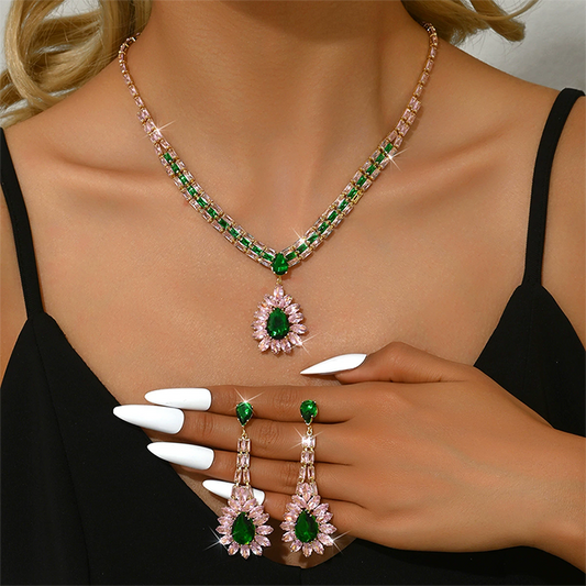 📢📢50% OFF !! ⏰💎 Zircon Jewelry Set – Necklace & Drop Earrings for Women – Pink & Green Design, Premium Copper Base ✨