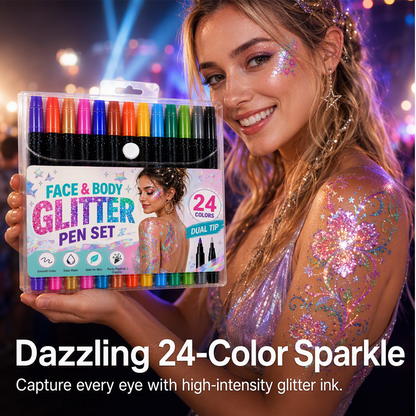 ⏳🔥LIMITED-TIME 50% OFF! ⏰📢 24-Color Face & Body Glitter Marker Set with Dual Tips – Skin-Safe, Sweat-Resistant & Dazzling Sparkle ✨