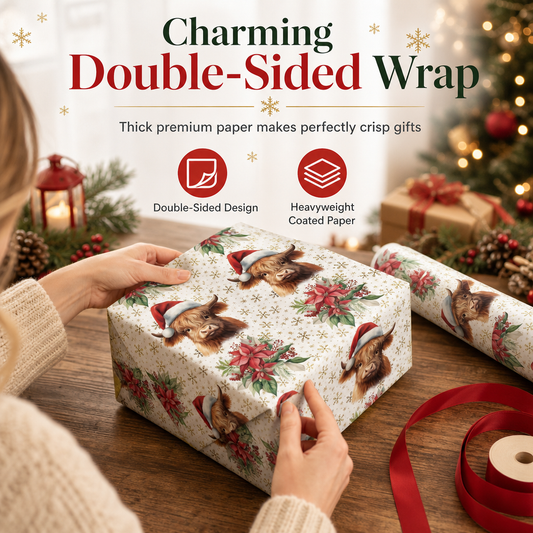 📢📢50% OFF !! ⏰ Christmas Highland Cow Floral Wrapping Paper Roll – Double-sided, Thick, Large Roll ✨