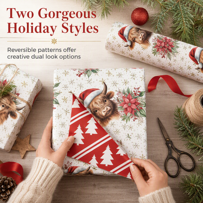 📢📢50% OFF !! ⏰ Christmas Highland Cow Floral Wrapping Paper Roll – Double-sided, Thick, Large Roll ✨