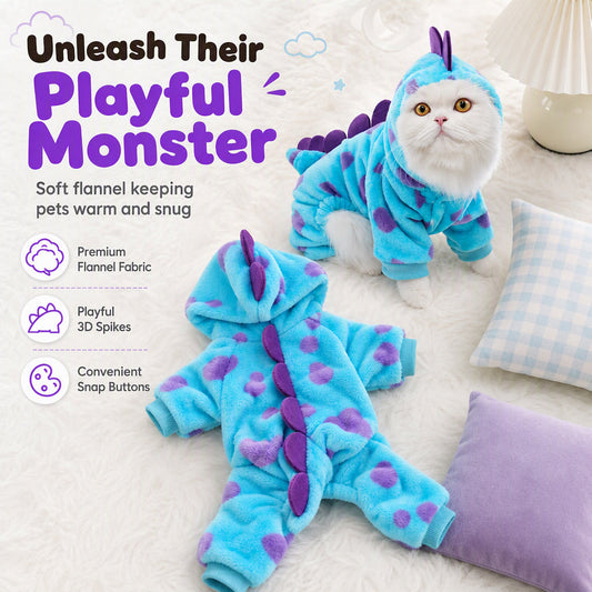 Warm Flannel Pet Jumpsuit Cute Blue Monster Four-Legged Pajamas Costume for Dogs and Cats Autumn Winter Clothes
