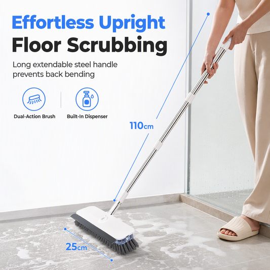 📢📢40% OFF !! ⏰Long Handle Floor Scrub Brush with Stiff Bristles and Squeegee 2-in-1 Household Bathroom Cleaning Tool with Built-in Soap Dispenser and Detachable Head
