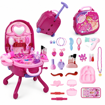 📢📢50% OFF !! ⏰3-in-1 Princess Vanity Suitcase — 30 Makeup Toys & Rolling Trolley 🧳