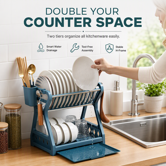📢📢40% OFF !! ⏰ Multi-Layer Steel Dish Drying Rack – Vertical Storage, Drip Tray, Tool-Free Install ✨