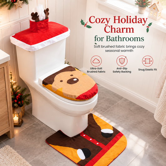 📢📢50% OFF !! ⏰Christmas Toilet Seat Cover and Rug 3-Piece Set Holiday Bathroom with Santa Claus Snowman and Reindeer
