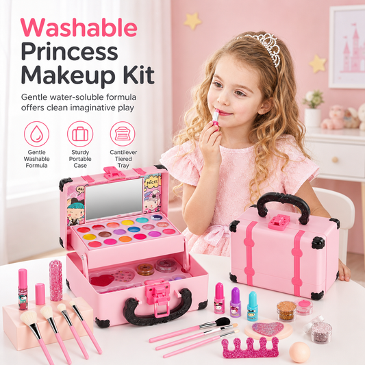 📢📢50% OFF !! ⏰Kids Pretend Play Makeup Kit for Girls Stage Performance Cosmetics and Eyeshadow Toy Set with Carrying Case